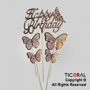 CAKE TOPPER CON 4 MARIPOSAS LILAS Y HAPPY BIRTHDAY CURSIVA ROSA GOLD METALIZADO
